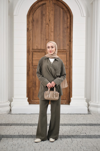 Yandan Bağlamalı Broş Detay Takım Haki Yeşil