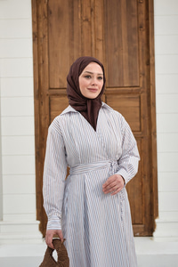 Yandan Bağlamalı Çizgili Elbise Beyaz-Kahverengi