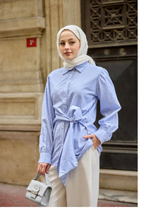 Yandan Bağlamalı Çizgili Gömlek Mavi