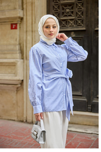 Yandan Bağlamalı Çizgili Gömlek Mavi