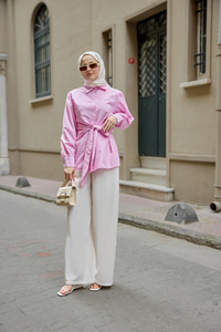 Yandan Bağlamalı Çizgili Gömlek Pembe