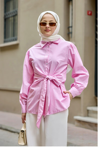 Yandan Bağlamalı Çizgili Gömlek Pembe