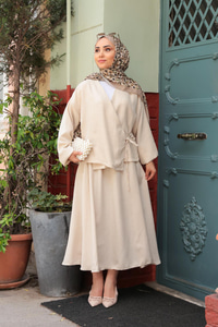 Yandan Bağlamalı Etekli Takım Krem