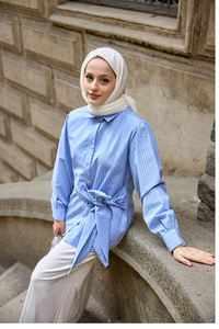 Yandan Bağlamalı Kalın Çizgili Gömlek Mavi