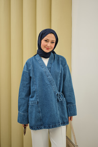 Yandan Bağlamalı Kot Kimono Buz Mavi