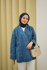 Yandan Bağlamalı Kot Kimono Buz Mavi