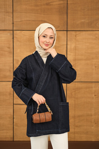 Yandan Bağlamalı Kot Kimono Lacivert