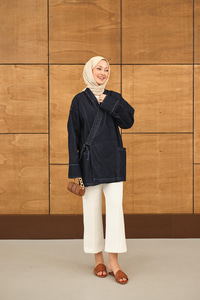 Yandan Bağlamalı Kot Kimono Lacivert