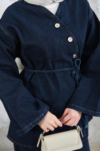 Yandan Düğme Detay Bel Bağlamalı Kot Takım Lacivert