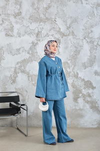 Yandan Düğme Detay Bel Bağlamalı Kot Takım Mavi