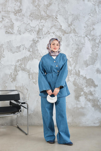 Yandan Düğme Detay Bel Bağlamalı Kot Takım Mavi