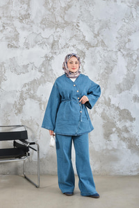 Yandan Düğme Detay Bel Bağlamalı Kot Takım Mavi