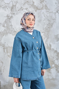 Yandan Düğme Detay Bel Bağlamalı Kot Takım Mavi