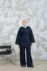 Yandan Düğme Detay Bel Bağlamalı Kot Takım Lacivert