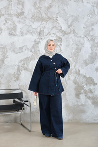 Yandan Düğme Detay Bel Bağlamalı Kot Takım Lacivert