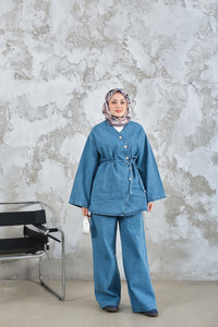 Yandan Düğme Detay Bel Bağlamalı Kot Takım Mavi