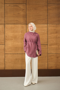 Yandan Düğme Yakalı Bel Bağlamalı Gömlek Gül Kurusu