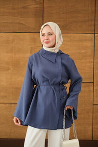 Yandan Düğme Yakalı Bel Bağlamalı Gömlek İndigo Mavi