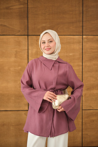 Yandan Düğme Yakalı Bel Bağlamalı Gömlek Gül Kurusu