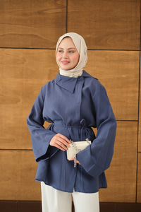 Yandan Düğme Yakalı Bel Bağlamalı Gömlek İndigo Mavi