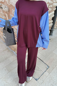 Yandan Düğmeli Gömlek Detaylı Takım Bordo