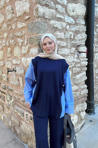 Yandan Düğmeli Gömlek Detaylı Takım Lacivert