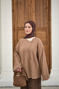 Yandan Düğmeli İçten Bağlama Detay Kimono Vizon