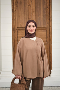 Yandan Düğmeli İçten Bağlama Detay Kimono Vizon