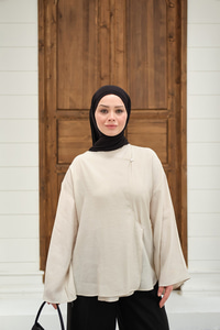 Yandan Düğmeli İçten Bağlama Detay Kimono Krem