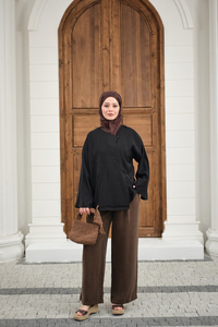 Yandan Düğmeli İçten Bağlama Detay Kimono Siyah