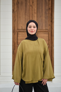 Yandan Düğmeli İçten Bağlama Detay Kimono Yağ Yeşil