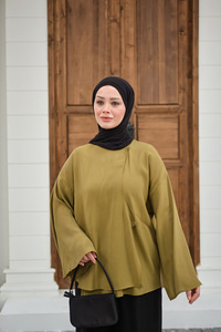 Yandan Düğmeli İçten Bağlama Detay Kimono Yağ Yeşil