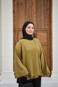 Yandan Düğmeli İçten Bağlama Detay Kimono Yağ Yeşil