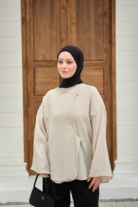 Yandan Düğmeli İçten Bağlama Detay Kimono Krem