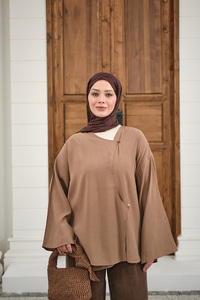 Yandan Düğmeli İçten Bağlama Detay Kimono Vizon