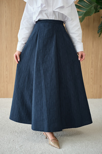 Yandan Fermuarlı Kendinden Desen Etek Lacivert