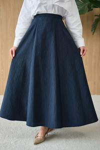 Yandan Fermuarlı Kendinden Desen Etek Lacivert