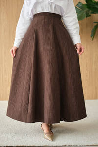 Yandan Fermuarlı Kendinden Desen Etek Kahverengi