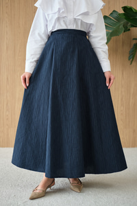 Yandan Fermuarlı Kendinden Desen Etek Lacivert