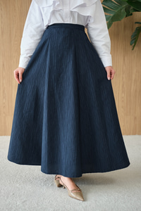 Yandan Fermuarlı Kendinden Desen Etek Lacivert