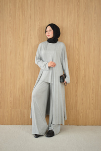 Yandan Yırtmaçlı Sıfır Kol 3'lü Takım Gri