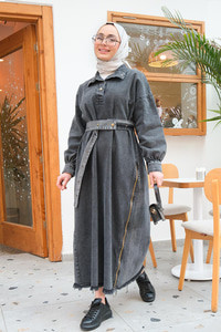 Yanı Fermuar Detay Kot Elbise Füme