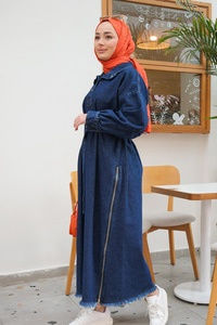 Yanı Fermuar Detay Kot Elbise Koyu Mavi