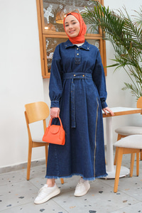 Yanı Fermuar Detay Kot Elbise Koyu Mavi