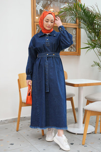 Yanı Fermuar Detay Kot Elbise Koyu Mavi