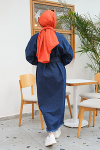 Yanı Fermuar Detay Kot Elbise Koyu Mavi