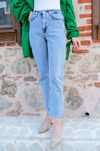 Yanı Yırtmaçlı Taş Detay Kot Pantolon BUZ MAVI