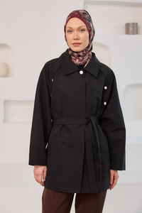 Yanları Açılabilir Çıt Çıt Detaylı Kısa Trenç Siyah