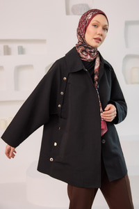 Yanları Açılabilir Çıt Çıt Detaylı Kısa Trenç Siyah