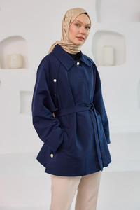 Yanları Açılabilir Çıt Çıt Detaylı Kısa Trenç Lacivert